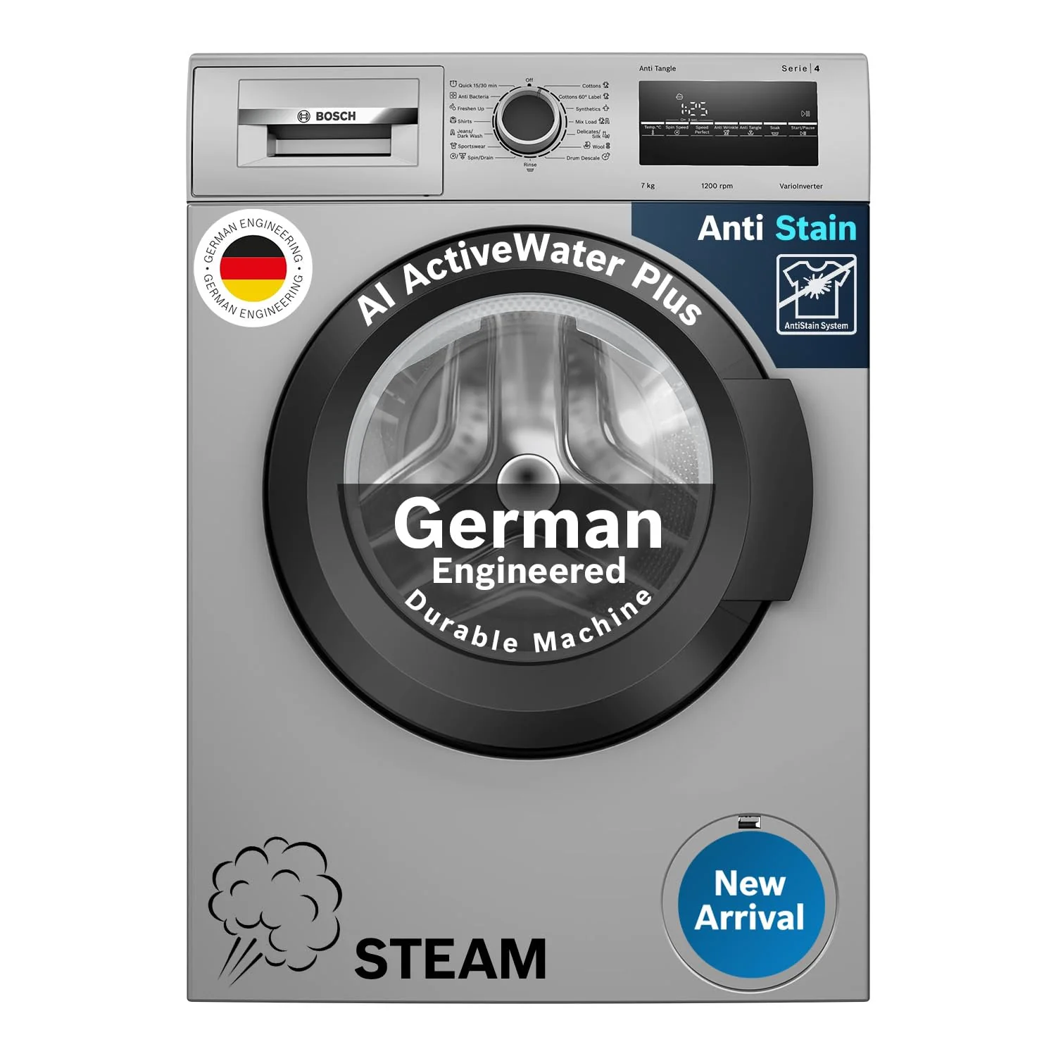 Bosch 7 kg, 5 Star, AI active water+, Anti-Wrinkle, Anti-Tangle, Anti Bacteria Steam, Fully-Automatic Front Loading Washing Machine (WAJ24266IN, In-Built Heater, Silver) - Image 15