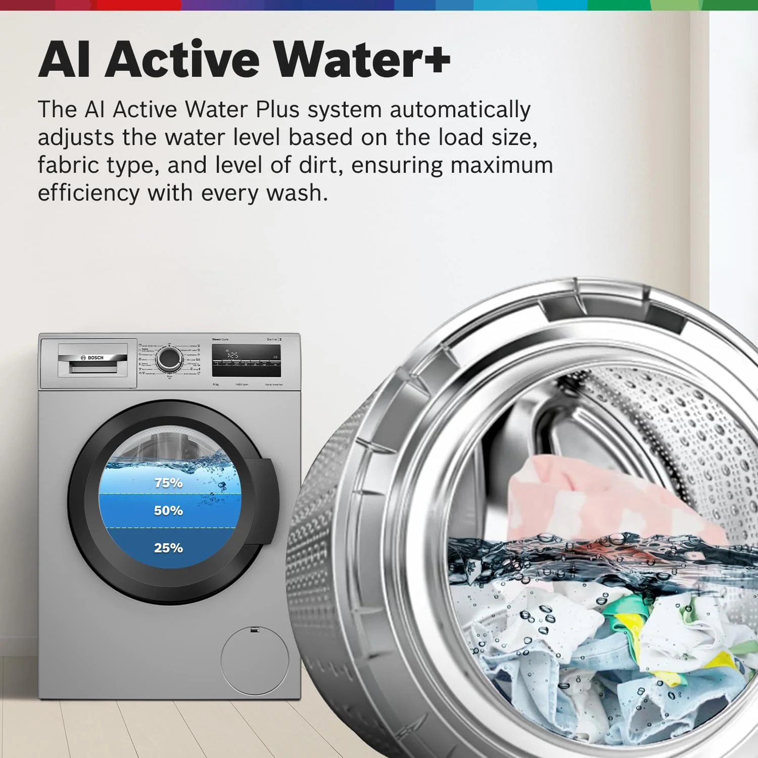 Bosch 8 kg, 5 Star, AI Active Water+, Anti-Tangle, Steam Anti Bacterial, Anti-Wrinkle Fully-Automatic Front Loading Washing Machine (WAJ2826BIN, In-Built Heater, Shiny Silver) - Image 6