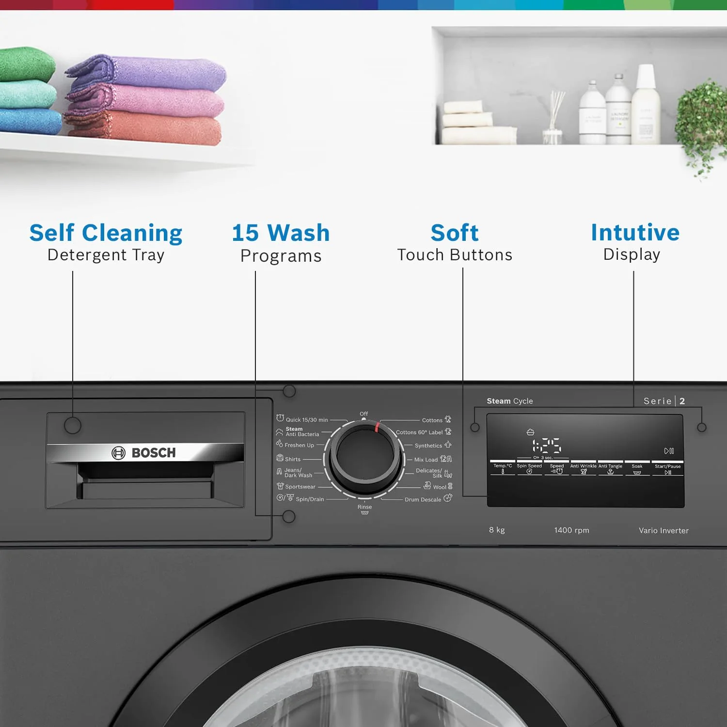 Bosch 8 kg 5 Star Fully-Automatic Front Loading Washing Machine (WAJ2826CIN, Black Grey, AI active water plus, In-Built Heater) - Image 7