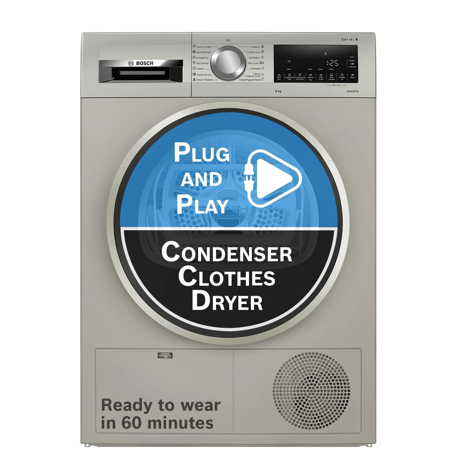 Bosch 8 kg Fully Automatic Front Load Condenser Tumble Dryer (WPG23108IN, 5 Drying Options, 14 Programs, Allergy Plus, 100% Drying with 0% Effort, Inbuilt Heater, Silver) - Image 15