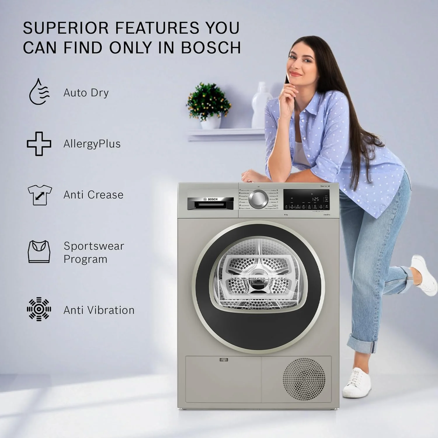 Bosch 8 kg Fully Automatic Front Load Condenser Tumble Dryer (WPG23108IN, 5 Drying Options, 14 Programs, Allergy Plus, 100% Drying with 0% Effort, Inbuilt Heater, Silver) - Image 3
