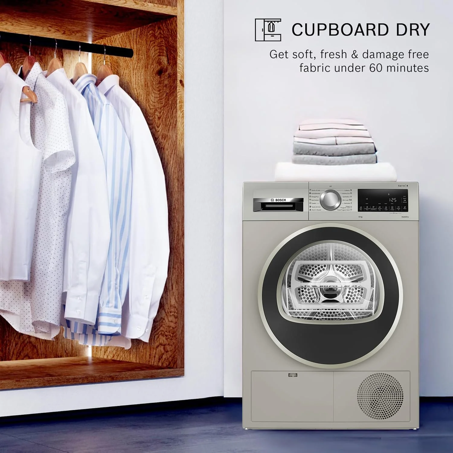 Bosch 8 kg Fully Automatic Front Load Condenser Tumble Dryer (WPG23108IN, 5 Drying Options, 14 Programs, Allergy Plus, 100% Drying with 0% Effort, Inbuilt Heater, Silver) - Image 5