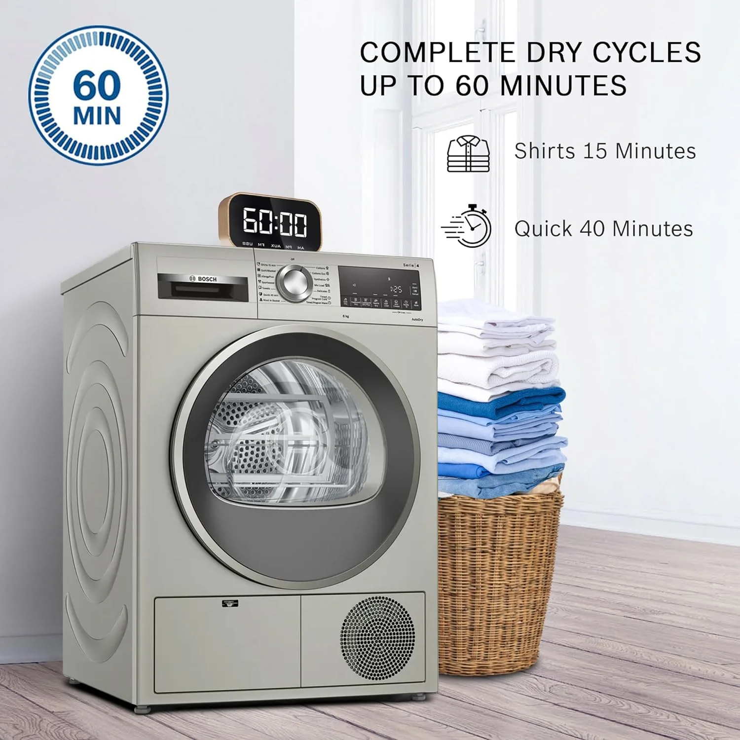 Bosch 8 kg Fully Automatic Front Load Condenser Tumble Dryer (WPG23108IN, 5 Drying Options, 14 Programs, Allergy Plus, 100% Drying with 0% Effort, Inbuilt Heater, Silver) - Image 9