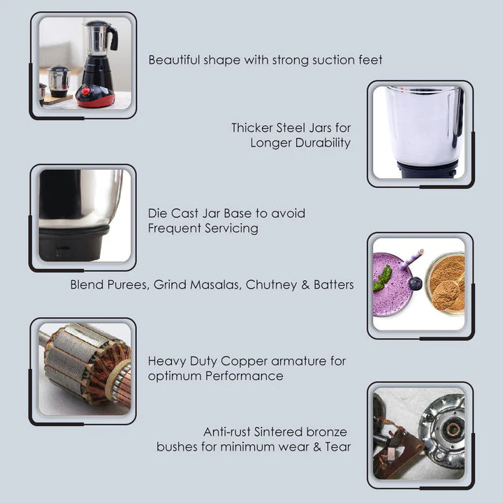 Capri Mixer Grinder 550W, Black & Red, 5 Years Warranty - Image 3