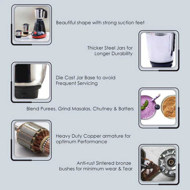 Capri Mixer Grinder 750W, 3 Stainless Steel Jars, Black & Red, 5 Years Warranty - Image 3