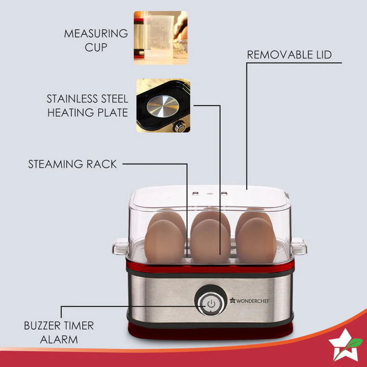 Crimson Edge Instant Electric Egg Boiler with 6 Egg Poachers|3 Boiling Modes, Soft, Medium, Hard| Auto Shut Off | Non-stick Egg Rack, Transparent Lid, Stainless Steel Body & Heating Plate, Steamer Rack| Alarm| Overheat Protection | Red| 2 Year Warranty - Image 3