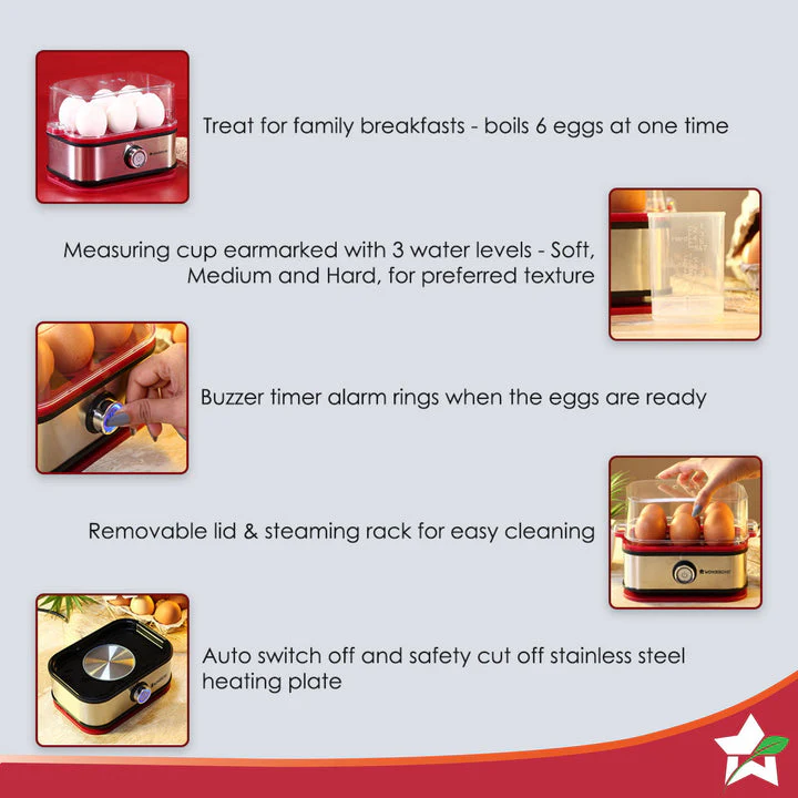 Crimson Edge Instant Electric Egg Boiler with 6 Egg Poachers|3 Boiling Modes, Soft, Medium, Hard| Auto Shut Off | Non-stick Egg Rack, Transparent Lid, Stainless Steel Body & Heating Plate, Steamer Rack| Alarm| Overheat Protection | Red| 2 Year Warranty - Image 5