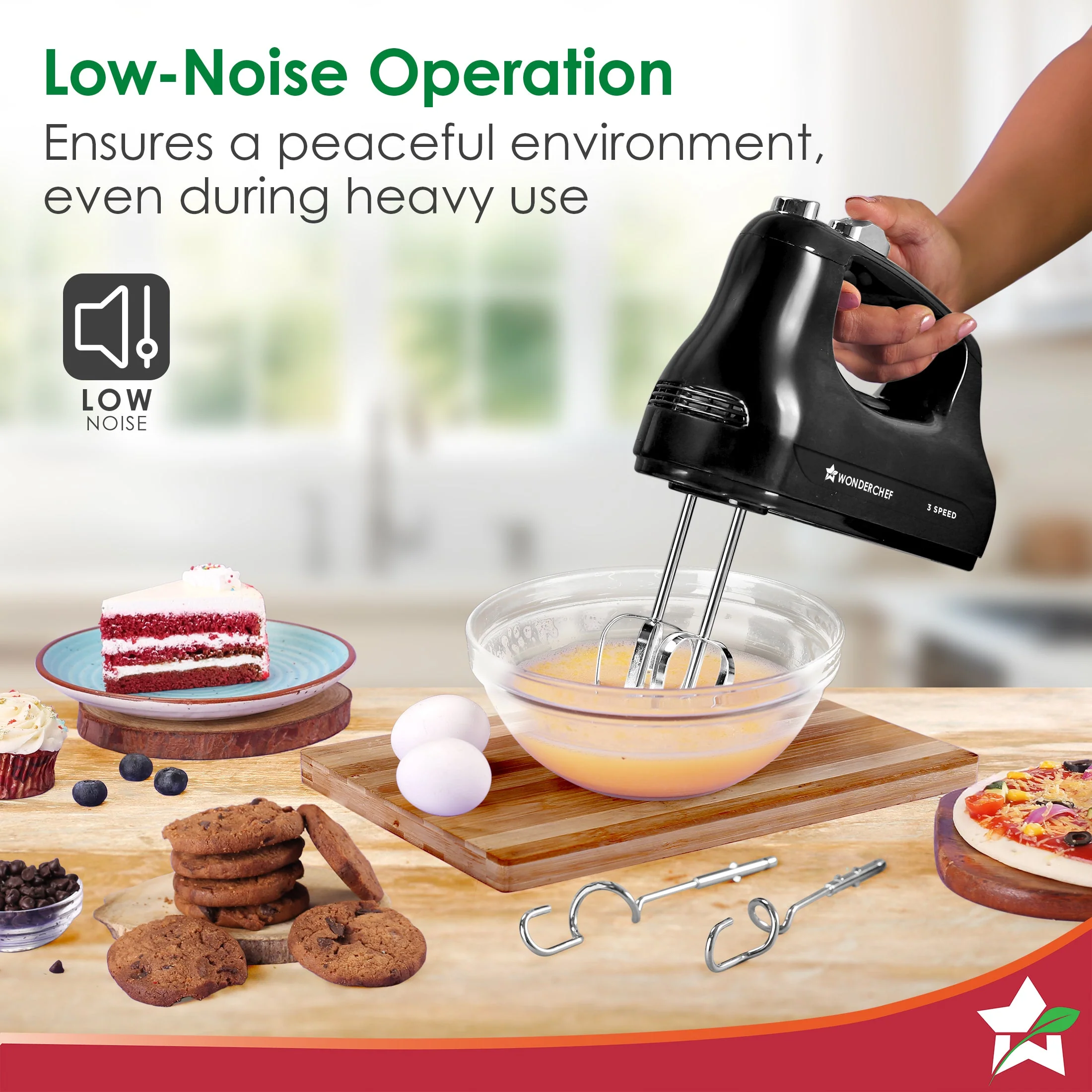 Essenza Hand Mixer | 3 Variable Speed Settings | 300W | For Beating, Whisking, Whipping, Kneading | Stainless-steel Beater and Kneader Attachments | Low Noise | Black | 2-Year Warranty - Image 3