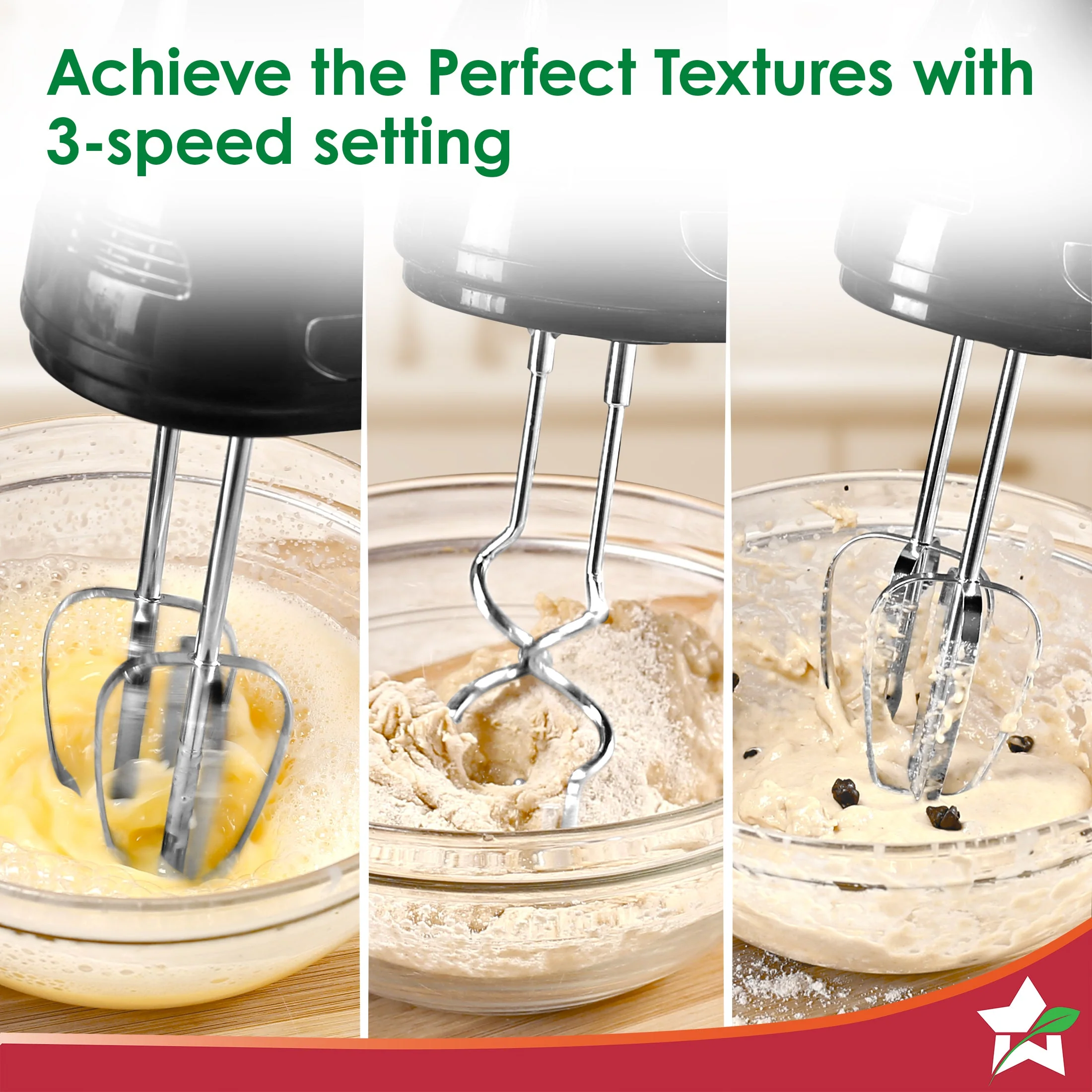 Essenza Hand Mixer | 3 Variable Speed Settings | 300W | For Beating, Whisking, Whipping, Kneading | Stainless-steel Beater and Kneader Attachments | Low Noise | Black | 2-Year Warranty - Image 4