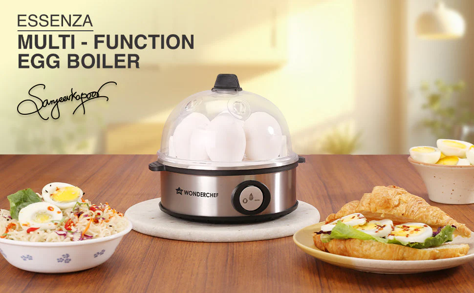 Essenza Instant Egg Boiler | 7 Poachers | 350 W | Stainless Steel Cool-touch Body | Auto Shut-off | Steaming Rack, Measuring Cup with Piercing Pin, Glass Lid with Steam Vent | 2-Year Warranty - Image 13