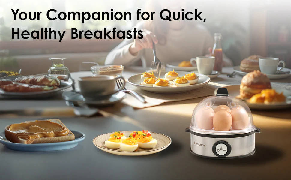 Essenza Instant Egg Boiler | 7 Poachers | 350 W | Stainless Steel Cool-touch Body | Auto Shut-off | Steaming Rack, Measuring Cup with Piercing Pin, Glass Lid with Steam Vent | 2-Year Warranty - Image 14