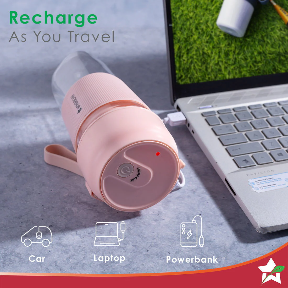 Nutri-Cup Portable Blender | USB Charging | Smoothie maker | SS Blades | Battery Operated Rechargeable Blender | 300ml | Compact Size | Pink - Image 4