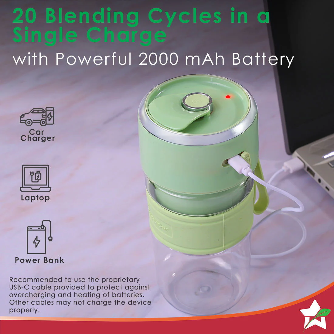 Nutri-cup Zip Portable Blender | 350ml | Blend & Sip with Flip Top Sipper Lid | For Smoothies, Juices, Shakes, Coffee | 2000 mAh Battery | 20 Blending Cycles in One Charge | Type C Charging | Green - Image 7