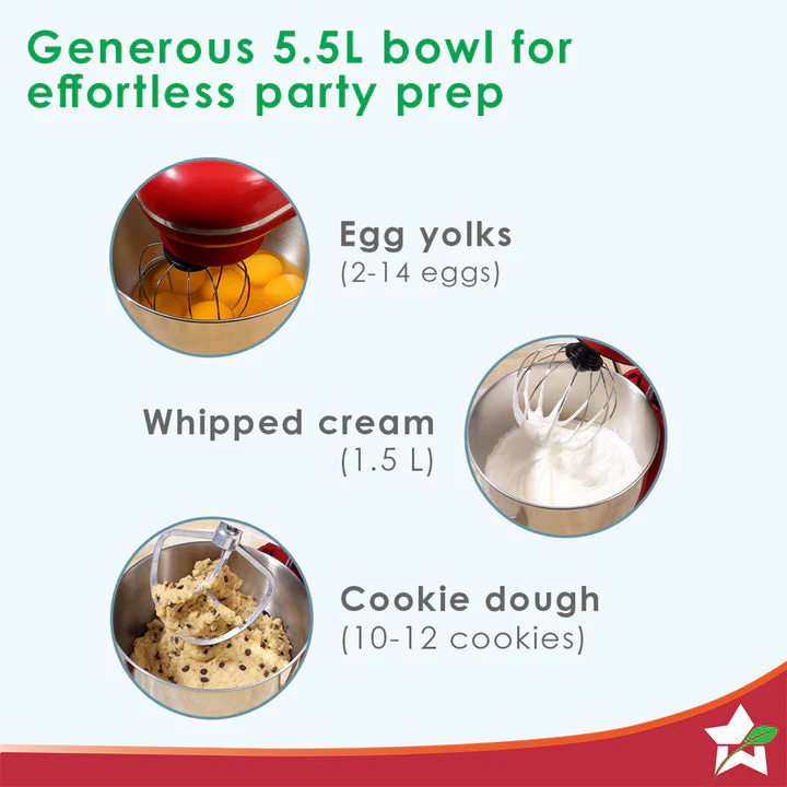 Regalia Neo Stand Mixer | 5.5L Stainless-steel Bowl | 10-speed Setting | 4 Attachments | Whisk, Whip, Beat, Mix | For Cake & Pizza Doughs, Creams, Salad Dressings, Eggs | 2 Year Warranty | Red - Image 6