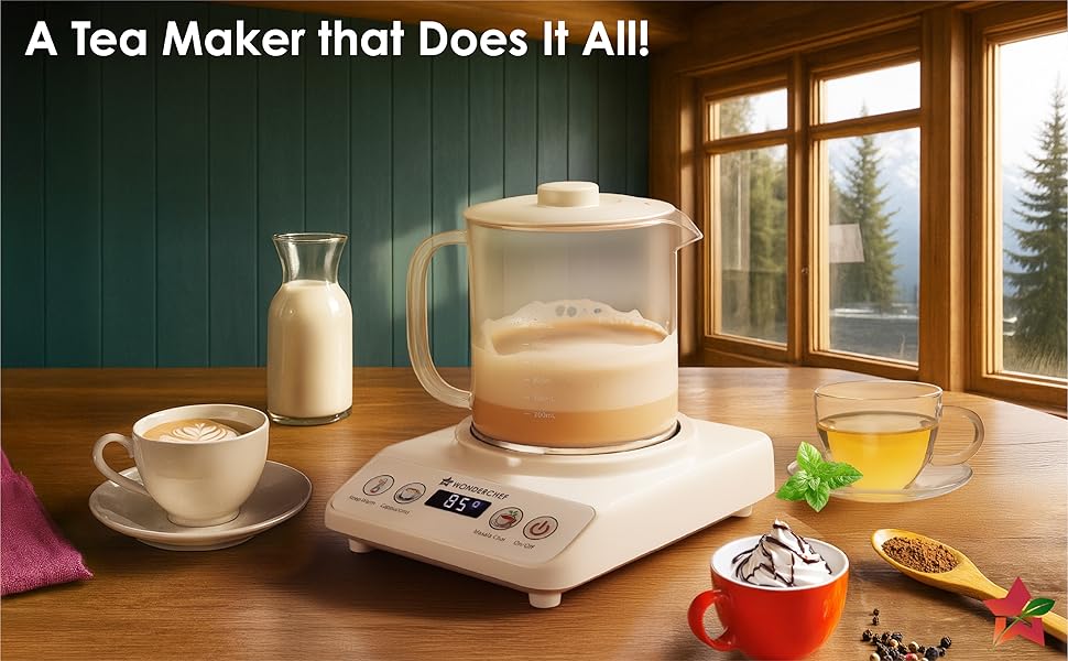 Wonderchef Chai Magic, Fully Automatic Tea & Cappuccino Maker, Make Masala Chai/Cutting Chai/Kahwa/, No Spills, No Overcooking, 4 Modes, Boil Milk/Water/Coffee, 500ML Glass Jar, 2-Yr Warranty - Image 3