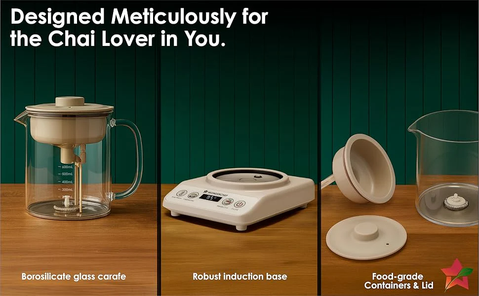 Wonderchef Chai Magic, Fully Automatic Tea & Cappuccino Maker, Make Masala Chai/Cutting Chai/Kahwa/, No Spills, No Overcooking, 4 Modes, Boil Milk/Water/Coffee, 500ML Glass Jar, 2-Yr Warranty - Image 5