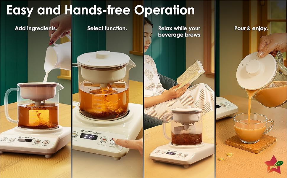 Wonderchef Chai Magic, Fully Automatic Tea & Cappuccino Maker, Make Masala Chai/Cutting Chai/Kahwa/, No Spills, No Overcooking, 4 Modes, Boil Milk/Water/Coffee, 500ML Glass Jar, 2-Yr Warranty - Image 6